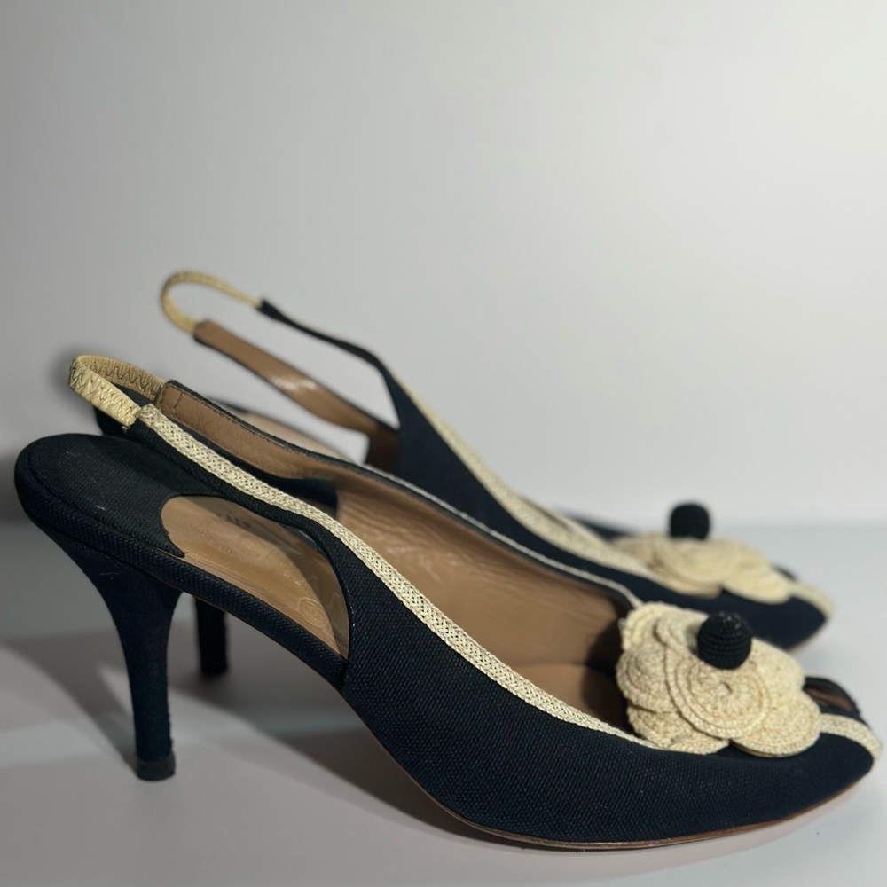 Chanel Black Canvas Slingback Peeptoe with Cream Camellia